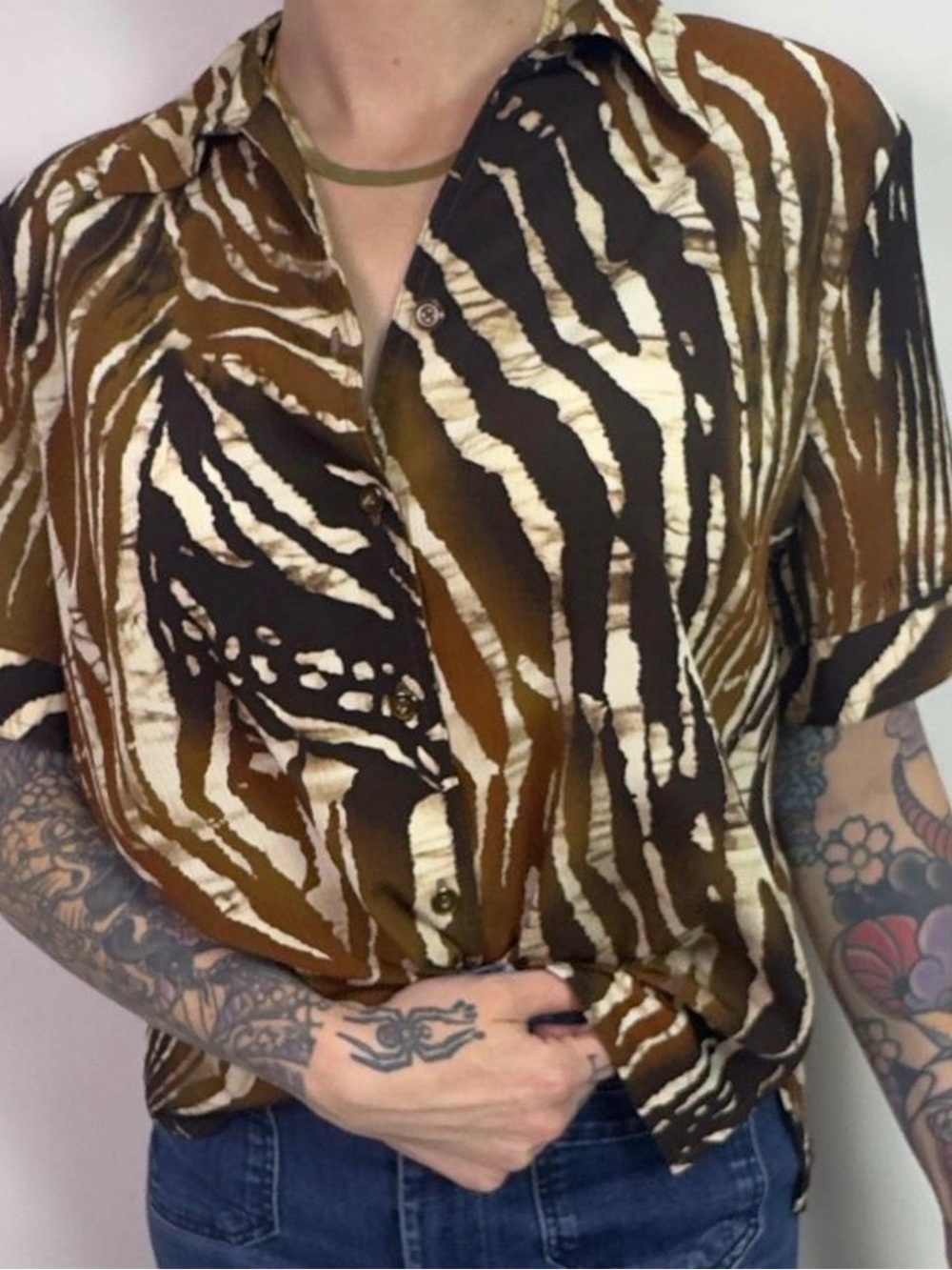Vintage Animal Print Button Down Shirt | Size 14p or XL | Bronze Zebra Tiger Vtg